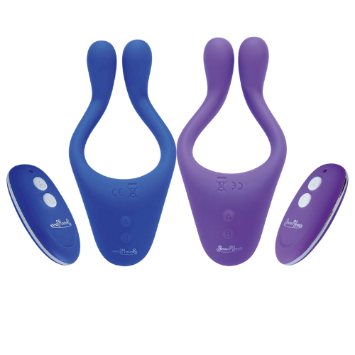 The purple and blue BeauMents Doppio vibrator.